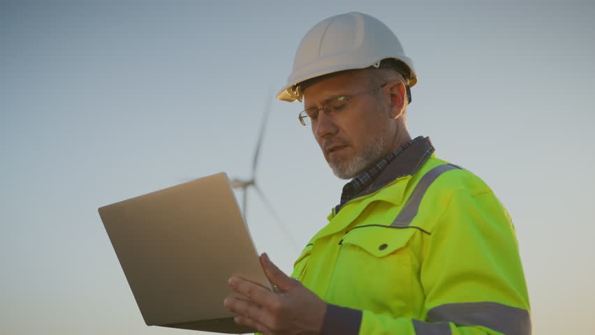 Male engineer in helmet and reflective jacket holding laptop. Worker standing outdoors near wind turbine. Looking into distance. Technician monitoring renewable energy project on site.