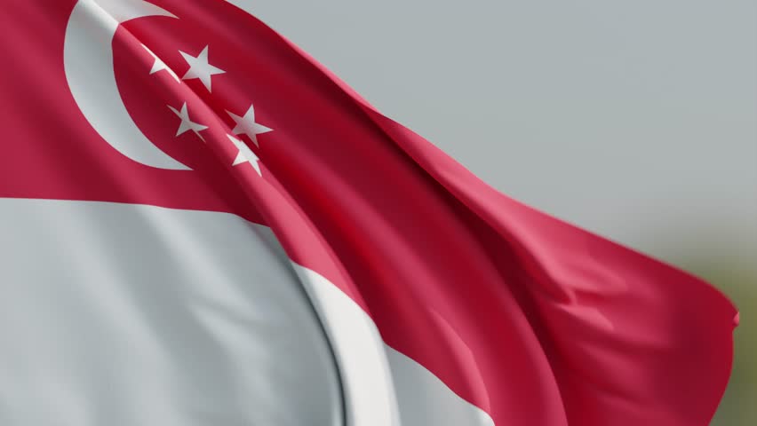 National flag of Singapore proudly waves, featuring the distinctive red and white bands, a white crescent moon, and five white stars. Symbolizes the nations aspirations and unity.
