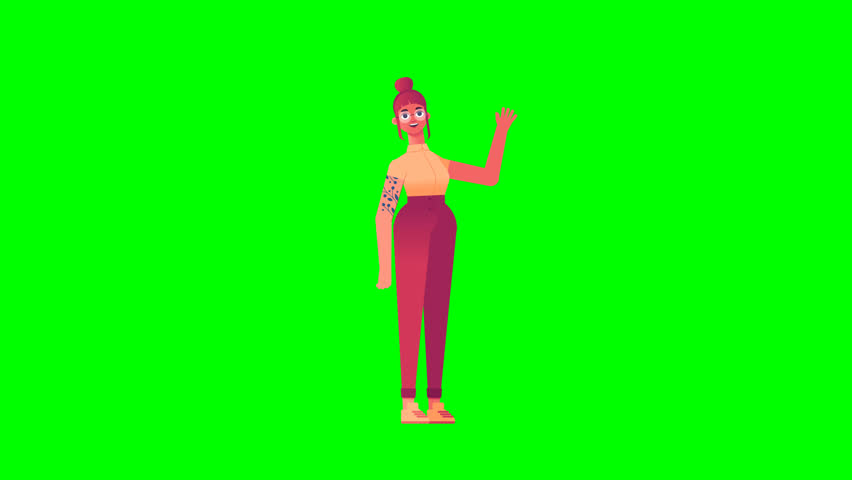 3D hipster female character waving on green screen, perfect digital asset for presentations, explainer videos, social media, and creative editing projects
