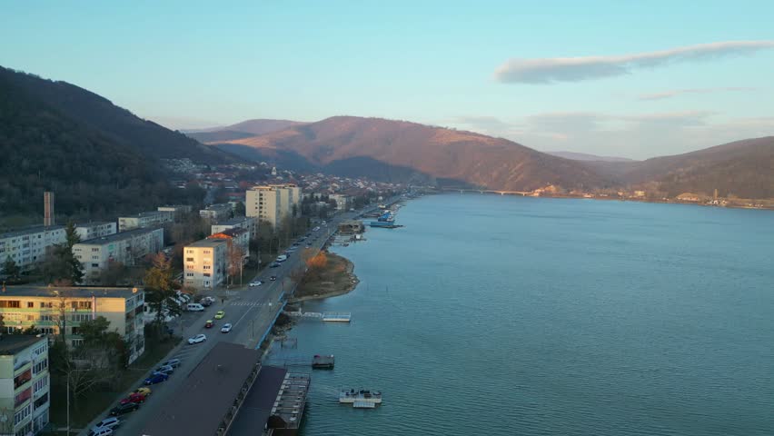 Orsova City  is beautiful city located in western Romania , on the shore of the Danube river , aerial view.
