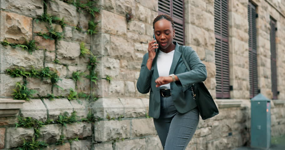 Black woman, city and checking watch with phone call for business deadline, delay or late schedule. Female person, talking and wristwatch with mobile smartphone for time management in an urban town