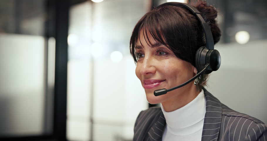 Customer service, call center and woman in office talking for online consulting, faq and advice. Insurance agency, professional and business person with headset for contact, crm support and help