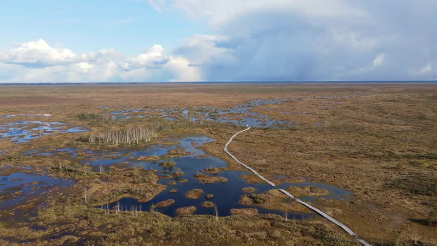 Drone glides smoothly over Yelnya bog in Belarus, revealing wetlands, lakes, channels, and forest islands under a partly cloudy sky with rain clouds.