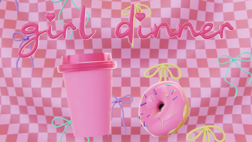 National Donut Day horizontal 3D pink glazed infographic girl dinner loop animation rotating coffee cup checkers texture ribbon bows confetti falling retro pop groovy funky fancy celebration event