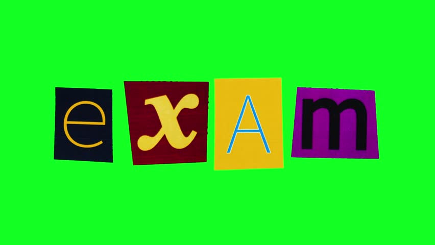 Exam headline in form of cartoon style collage made of magazine cut letters filmed on chroma key background in loop stop motion. Animated template with the word meaning test at school or university