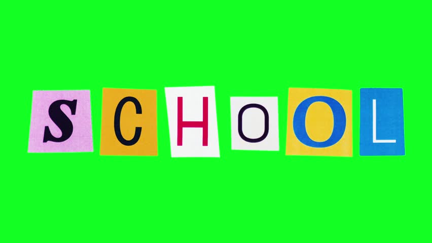 School word on green screen in form of collage created from magazine cut letters. Loop stop motion animation with the title meaning a place where children go to be educated filmed on chroma key