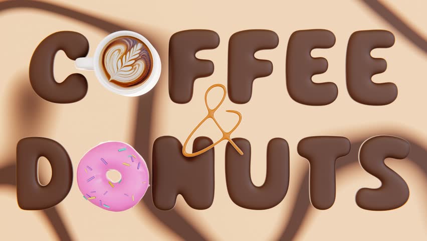 Horizontal 3D infographic coffee cup donuts cafeteria patisserie latte cappuccino americano menu order combo duo casual glazed loop animation rotating waves gradient texture sale backgrounds advertise