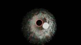Detailed macro view of a stylized eye with vibrant teal and red fiber-like patterns in the iris, a dark pupil, and a bright reflection, against a black background. Evokes themes of technology, vision - Powered by Shutterstock - Get 15% off with code: PIKWIZARD15
