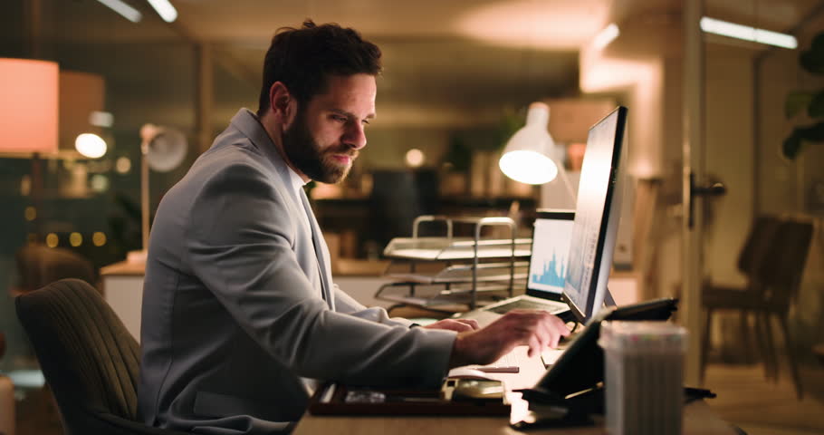 Night, tablet and businessman on computer in office for financial review, risk assessment and investment. Deadline, working late and person on tech for finance proposal, budget report and research