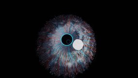 Dynamic close-up of a vibrant digital eye, featuring a glowing cyan iris with flowing blue and orange light particles, representing advanced technology. - Powered by Shutterstock - Get 15% off with code: PIKWIZARD15