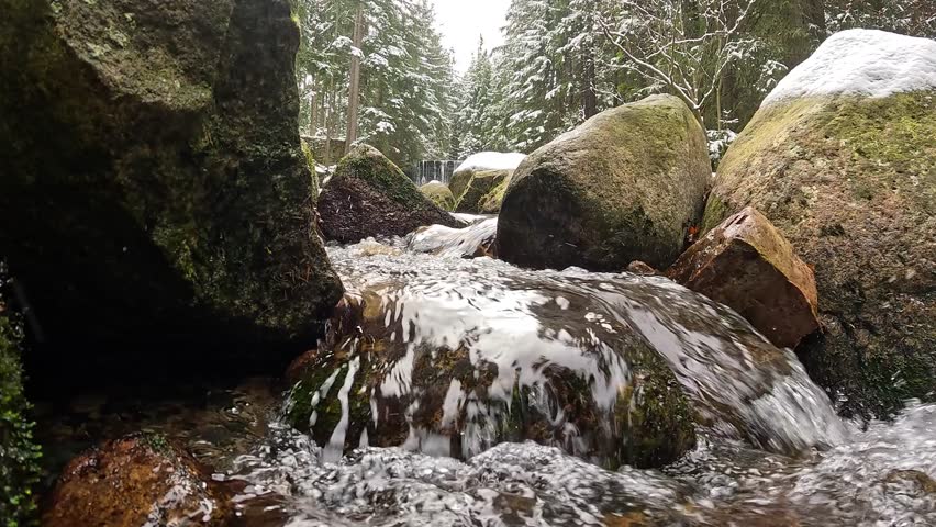 wild waterfall early winter, karpacz, poland