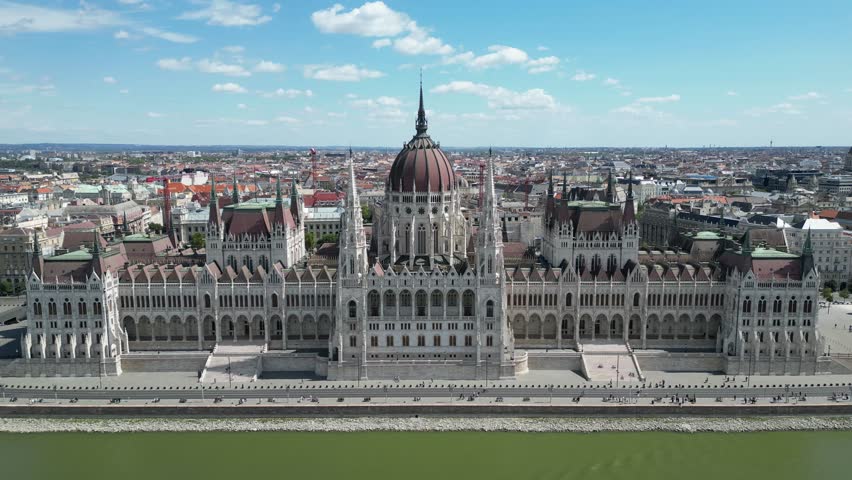 Aerial view of Hungarian Parliament Building in Budapest. Hungary Capital Cityscape at daytime. Travel, tourism and European Political Landmark Destination