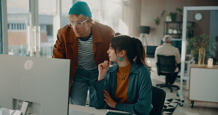 Business, people or computer with advice in office for story feedback, article review or fast checking. Coworking, journalist and help woman with submission and proofreading blog at publishing agency