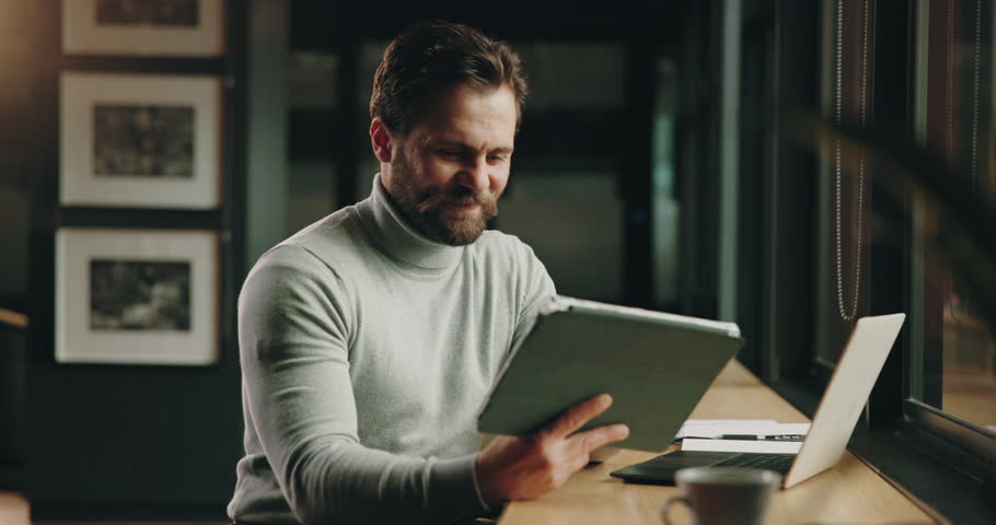 Man, tablet and happy with celebration at art gallery for deal, goals and sale with record price. Person, curator or dealer with fist pump, success and target with online auction results at workplace
