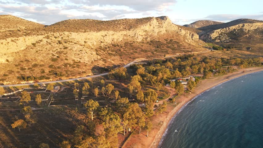 Aerial landscape windy roads near Nafplio at Karathona Beach winter in Mediterranean Greece Europe