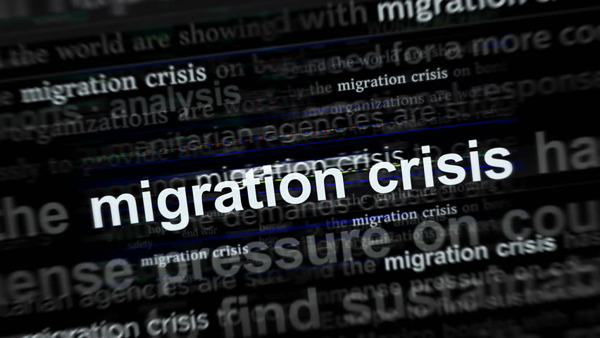 Migration crisis and refugees headline news across international media. Concept of news titles on noise displays loop. TV glitch effect seamless and looped.