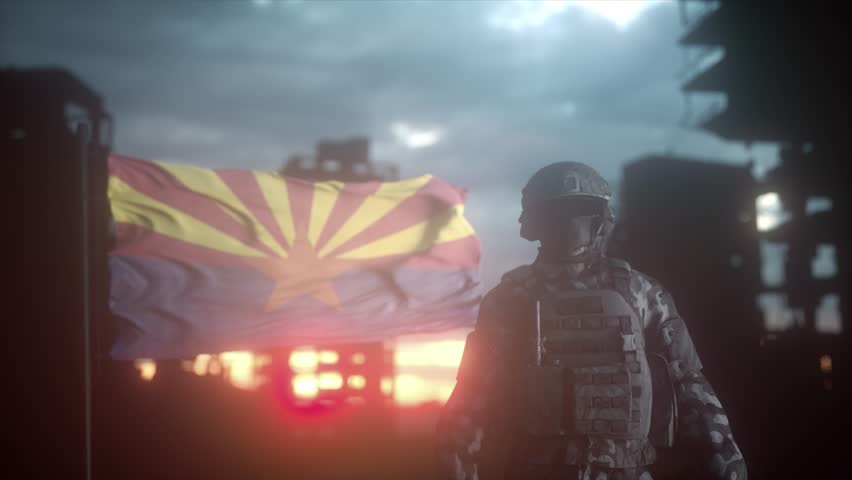 Post-Apocalyptic Soldier Standing Before Arizona State Flag at Sunset