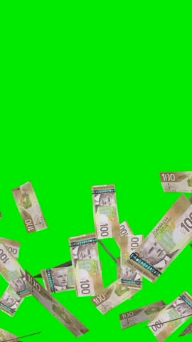 Cash Explosion of $100 Canadian Dollar Bills - Center Blast Transition - 1 - Vertical FHD 3D animation isolated on green screen chroma key background