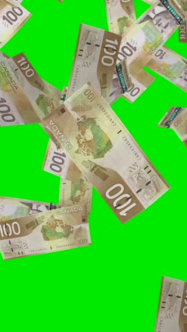 Cash Explosion of $100 Canadian Dollar Bills - Bottom Blast Transition - 5 - Vertical FHD 3D animation isolated on green screen chroma key background