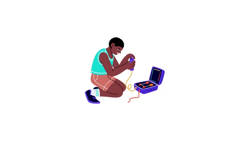 A flat style animated illustration showing a person testing a device 