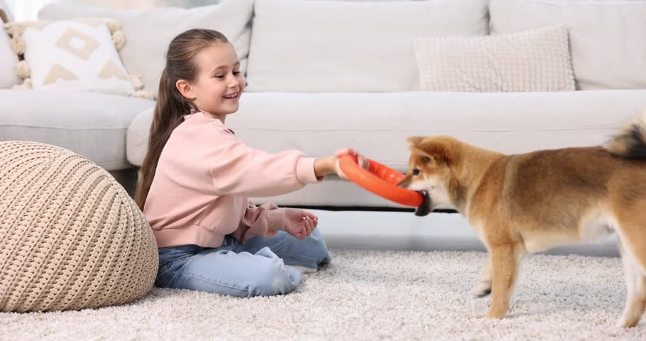 Smiling little girl playing with her dog on floor at home. Child and pet