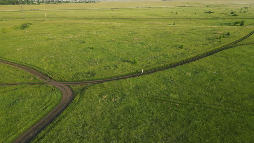 Woman wearing flowing white dress walking through verdant meadow intersection, representing life choices amid expansive pastoral landscape under bright sunlight
