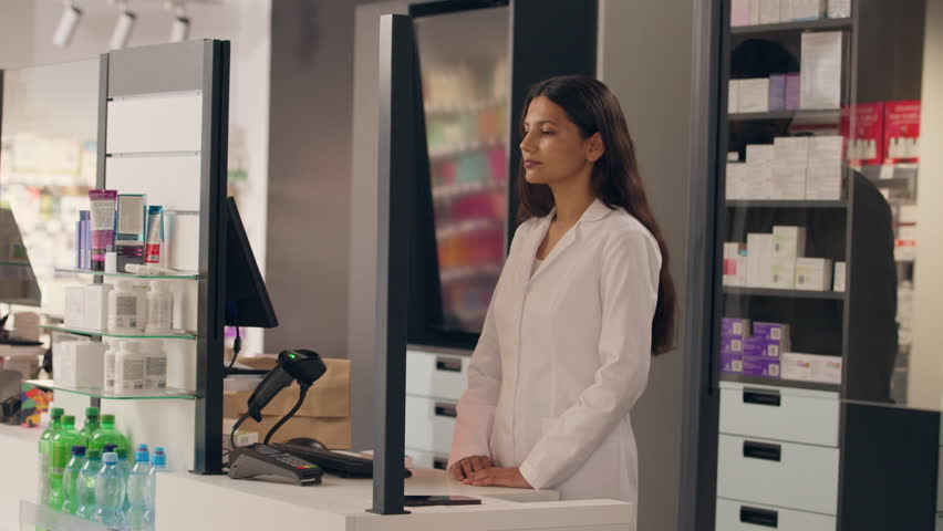 Man customer in pharmacy health problem pharmacist woman help cough disease cure medicine advice buying pharmaceutics drugstore medication treatment assisting patient sell drugs medical consultation