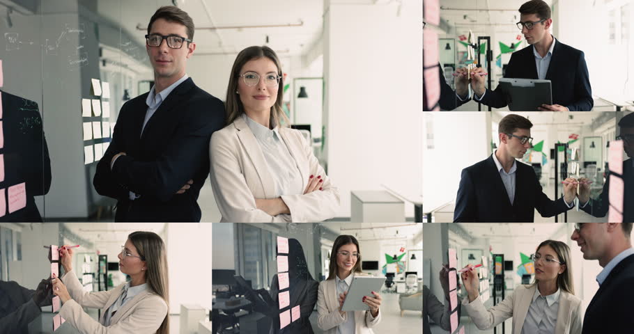 Collage of two woman and man teammates working, posing at workplace. Workflow of corporate staff members using modern tablet, planning project, engaged in teamwork, strategy sharing, tasks management