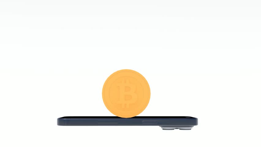 Bitcoin Coin Illustration on Smartphone. Animation of bitcoin falling into a mobile phone. Clip about bitcoin investment.