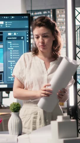 Vertical Video Female contractor measuring the construction site layout with blueprints to create the residential project master plan. Setting infrastructure goals on sustainability and prepares pitch