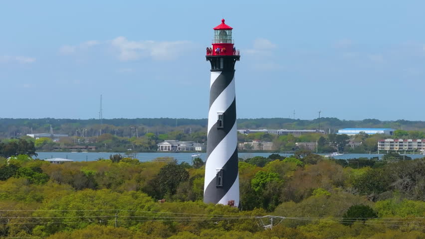 Aerial view of St. Augustine historical lighthouse. National historic landmark on Anastasia Island in St. Augustine, Florida, USA.