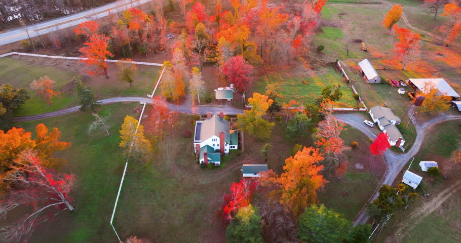 Country-style homes on Tennessee hills surrounded by yellow autumn trees, evening sunlight enhancing vibrant seasonal scenery.