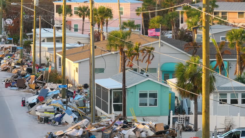 Hurricane aftermath cleanup. Piles of debris on street side in Florida. Garbage from severely damaged homes after storm surge. Consequences of natural disaster.