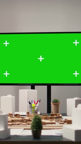 Vertical Video Development and property planning with copy space on TV in empty office, highlighting city planning strategy, zoning regulations and infrastructure growth for housing and redevelopment