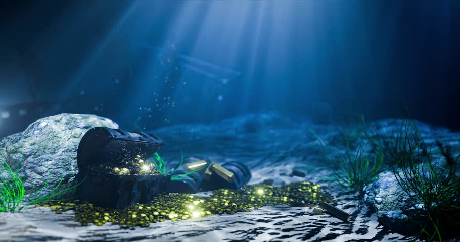 Fantasy Undersea Treasure Chest Surrounded by Shiny Golden Coins Sparkling Jewels and Glowing Light on Ocean Floor 3D Rendering
