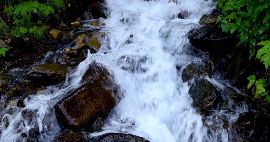Static scenic nature video of a stream in Breckenridge Colorado. Water is flowing down rocks.