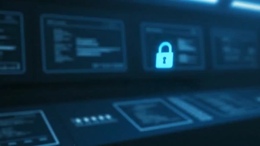 Holographic heads-up display (HUD) appears. Initially, it shows a locked padlock icon and scrolling binary code and the word ACCESSED.