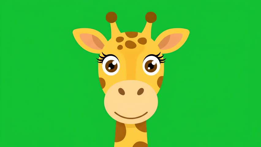 Animated cartoon giraffe face with closed eyes, then blinking. Simple, flat design on a green background. Cute, friendly, and suitable for children