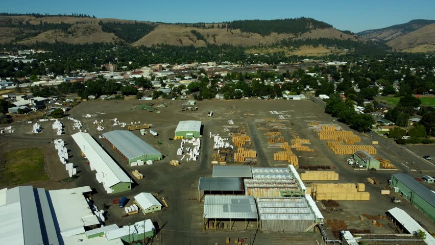US, Oregon, La Grande, 2025-08-11 - Drone view of the Woodgrain Lumber mill