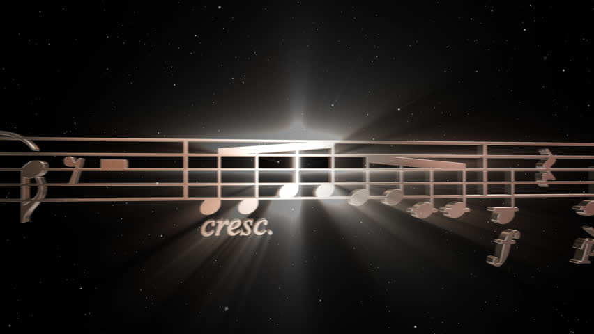 Abstract scene opener or background with 3D animation of silver musical notes and staff, glowing light rays and flying silver particles, perfect for music, concert, sound and artistic themes