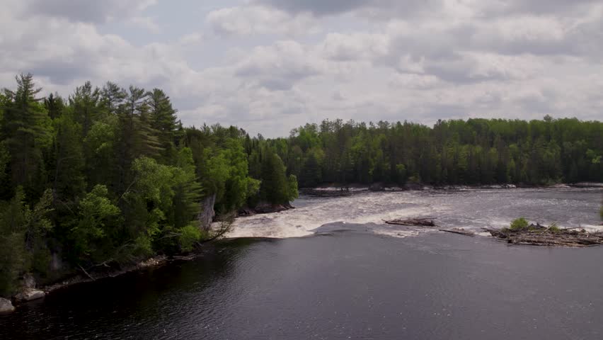 Drone flight, downstream on the Gatineau River as it flows through Canada