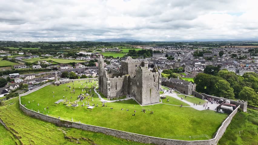 Beautiful aerial of Rock of Cashel Castle in Ireland in sunny light. Ireland castle drone