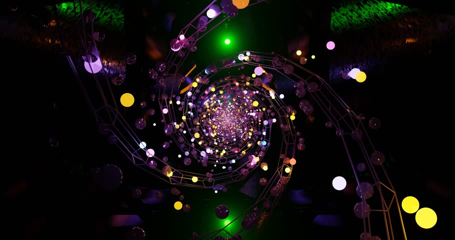 Engaging visual experience showcases a seamless flow of interconnected orbs and dynamic light patterns in a spiraling motion. Colors blend and pulse, creating an immersive atmosphere.