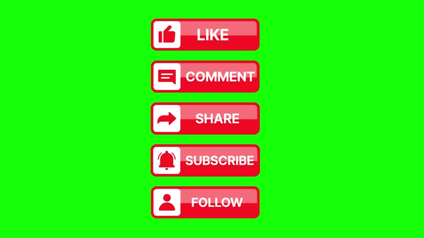 Like, Comment, Share, Subscribe, and Follow Buttons with Green Screen Social media promotion buttons animation pack with chroma key background	