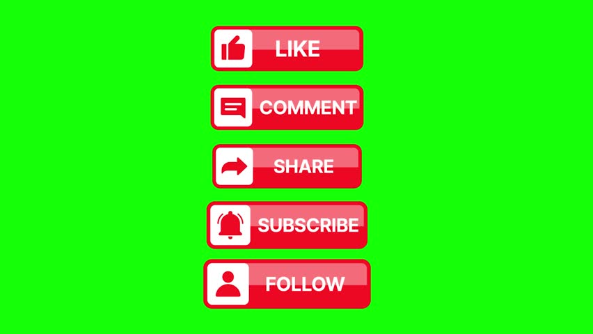 Like, Comment, Share, Subscribe, and Follow Buttons with Green Screen Social media promotion buttons animation pack with chroma key background	