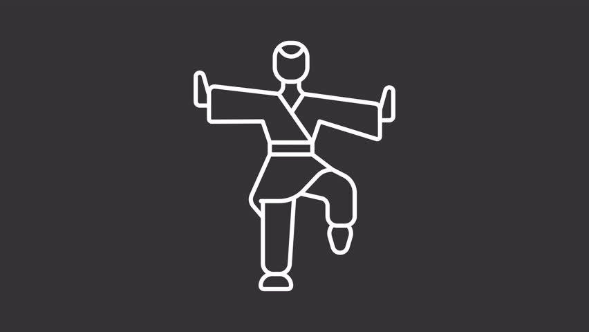 Animated kung fu master white line icon. Martial arts training animation. Traditional Chinese fighting class. Athlete exercising. Isolated element on dark background. Alpha transparent video