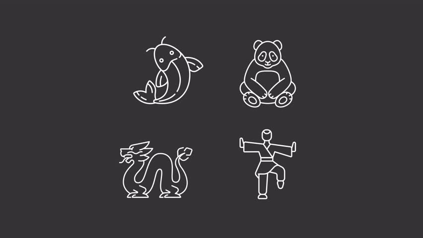 Animated culture symbols of China white line icons. Traditional Chinese festive symbols and martial arts animation set. Outline elements on white background. HD video with alpha channel