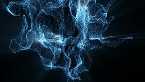 Abstract 3D visualization of blue glowing particles forming dynamic waves on dark background. Futuristic digital flow, data stream, neural network and technology motion design animation - Powered by Shutterstock - Get 15% off with code: PIKWIZARD15