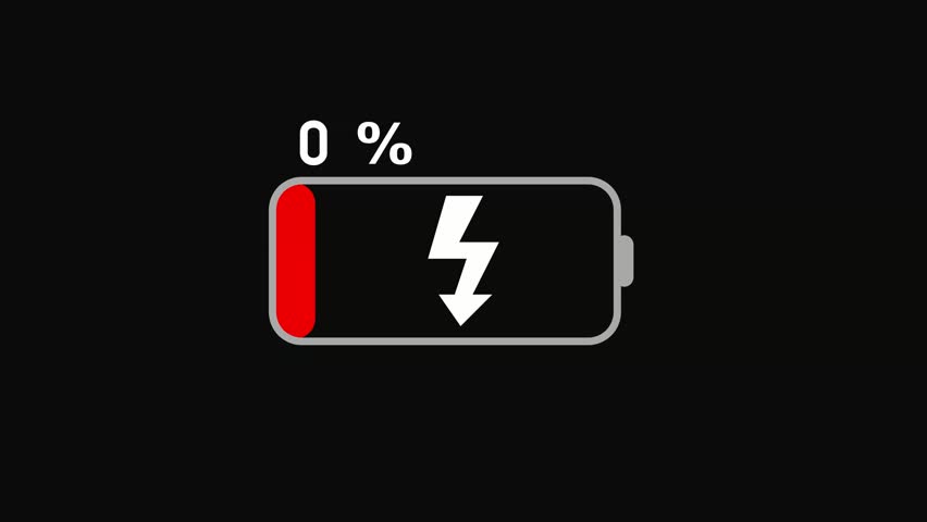 A low battery indicator showing twelve percent charge level. It is a vector illustration on a black background. The battery is red and has a lightning bolt.