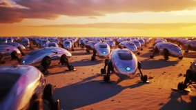 A massive fleet of futuristic, autonomous pod cars with glowing blue headlights moves in unison across a vast desert landscape during a golden sunset, depicting future technology. - Powered by Shutterstock - Get 15% off with code: PIKWIZARD15